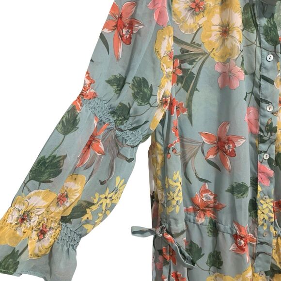 Zara Womens Sheer Floral Print Side Slit Drawstring Bow Cardigan Top M Boho - Picture 3 of 6